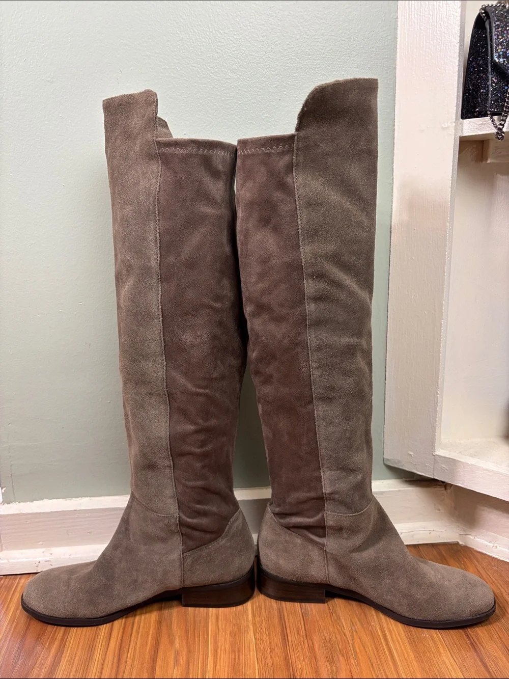 Lucky Brand Calypso Suede Leather Over the Knee Taupe/Gray Tall Boots OTK Flat
